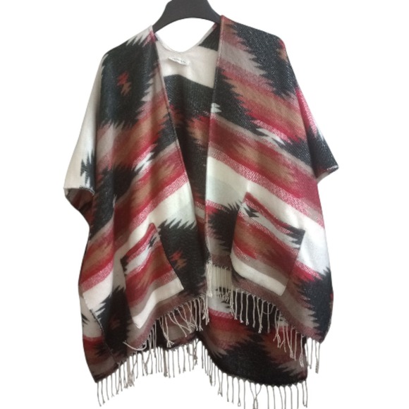 Quagga Sweaters - Quagga Aztec Southwestern Poncho Shrug Fringe Pocket One Size Cozy Fall Winter